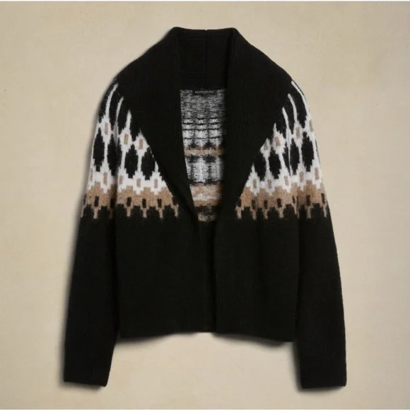 Banana Republic Fair Isles Black and Tan Patterned Alpaca Cardigan Sz L - Picture 2 of 10
